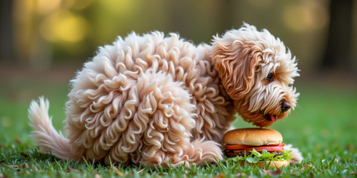 a cute furry labradoodle with an absurdly large and bouncy belly sitting on its butt like a stuffie .jpg