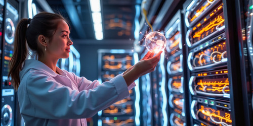 a young woman in a futuristic lab surrounded by sleek tiered computer systems humming with energy Sh.jpg