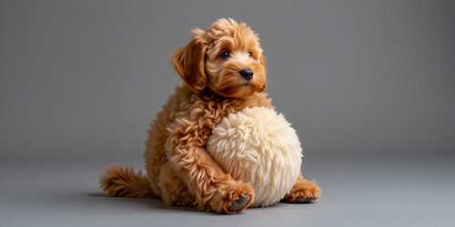 a cute furry labradoodle named Big Belly Bob with an absurdly large and bouncy belly sitting on its .jpg