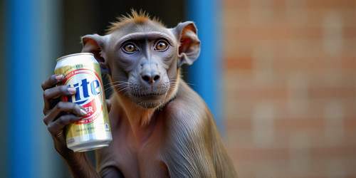 a photo of a hairless baboon holding a can of bud lite beer .jpg