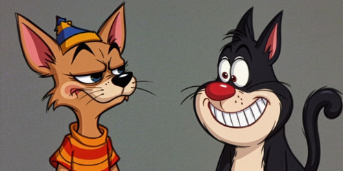 a photo of Ren and Stimpy Ren is a scrawny irritable human like Chihuahua with a yarmulke and a long.jpg