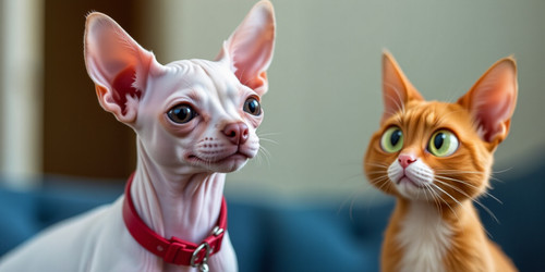 a realistic sharp focus photo of a hairless albino chihuaha and a fat red cat with a blue nose accor.jpg