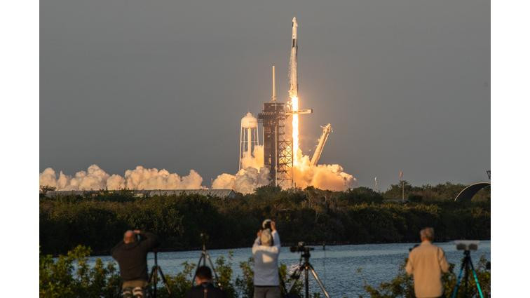 None A SpaceX Falcon 9 rocket lifts off from launch pad 30A at the Kennedy Space Center, carrying four astronauts to the Space Station. (Photo by Manuel Mazzanti/NurPhoto via Getty Images)