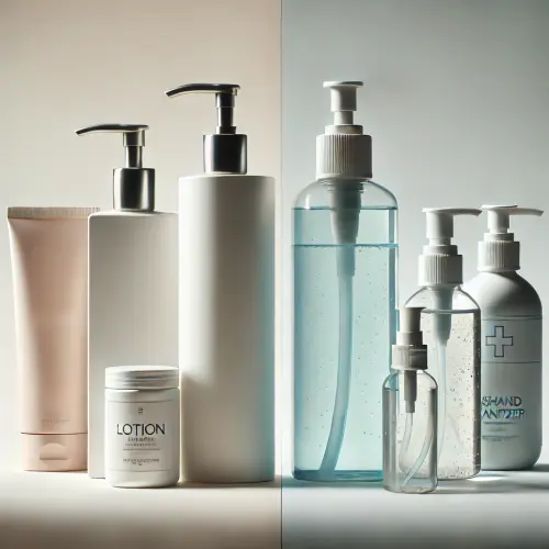 DALL·E 2025 03 20 10.09.40 A single image featuring both lotions and disinfectants. On the left side.webp