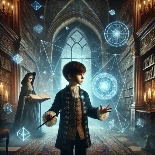 DALL·E 2025 03 20 02.24.36 A young boy in medieval attire is casting arcane magic, surrounded by glo.webp