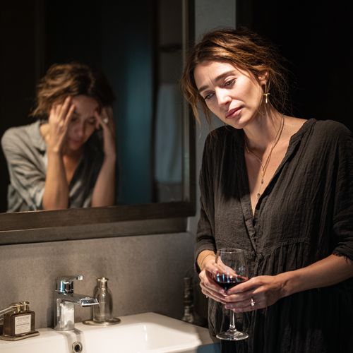RRuuddd A woman standing at a bathroom sink holding a glass o b31ef6f0 be75 426b a220 a05abb71c31c 2.png