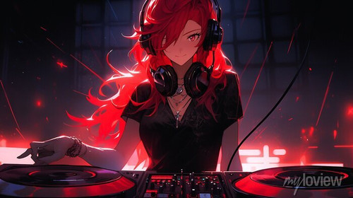 gothic lo fi anime character dj girl artist in a black dress with red hair created with generative a.jpg