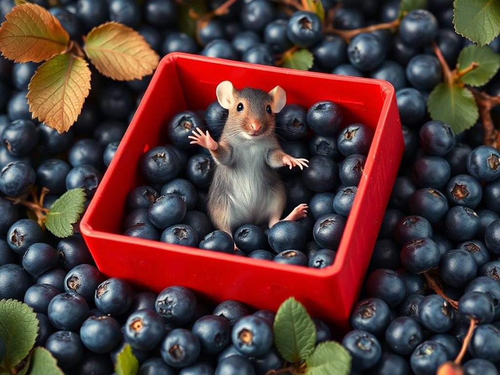 A red box of blue berries with a rat dancing inside