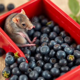 www.naked-ai.art - A red box of blue berries with a rat dancing inside