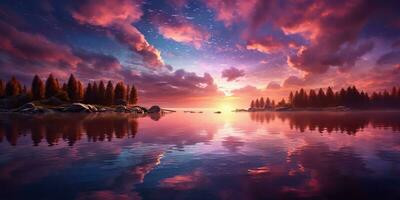 ai generated ai generative purple pink color sunset evening nature outdoor lake with mountains lands.jpg