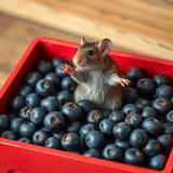 www.naked-ai.art - A red box of blue berries with a rat dancing inside