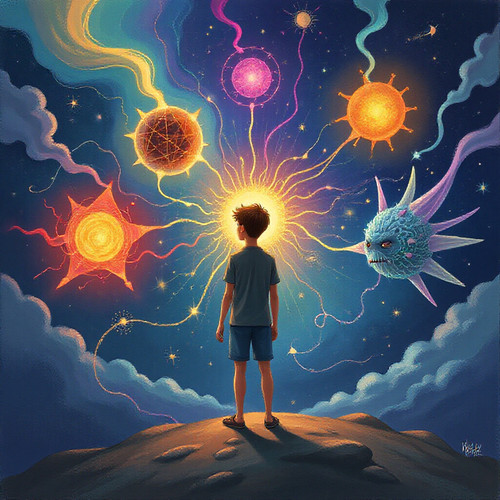 A whimsical illustration depicting a person transitioning between different vibrant and fantastical .jpg