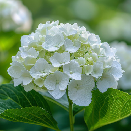 Beautiful white hydrangeas blooming in a lush garden during the golden hour of sunset.jpg