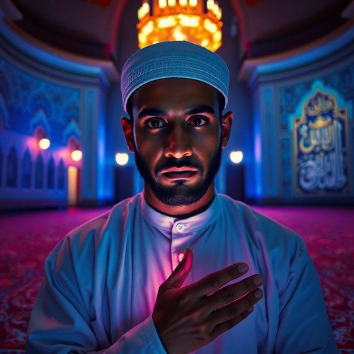 A devout Muslim man with olive skin, serene facial features, and dark eyes, wearing a white thobe an.jpg