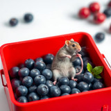 www.naked-ai.art - A red box of blue berries with a rat dancing inside