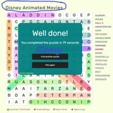 Disney Animated Movies Wordsearch