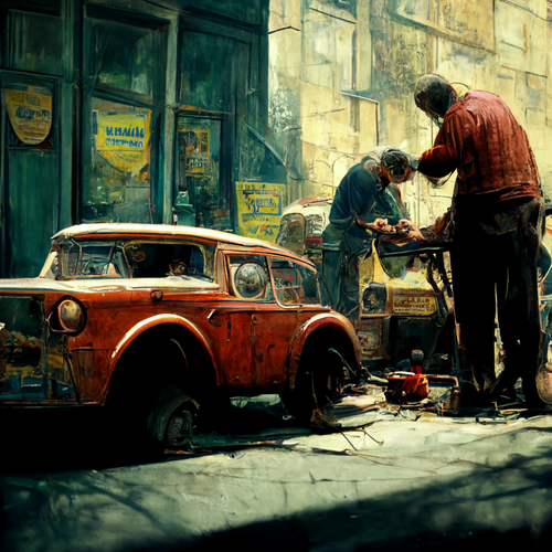 Vintage man repairing a car on a busy street cinematic a ac6db0a3 d8ae 4fd6 a7a4 62356ef5906f.png