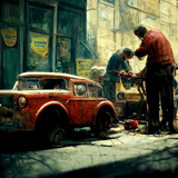 Vintage man repairing a car on a busy street cinematic a ac6db0a3 d8ae 4fd6 a7a4 62356ef5906f