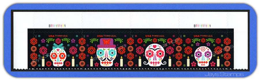 2021  DAY OF THE DEAD  Top Plate #  Strip of 4 USPS Forever® MINT Stamps  #5643a