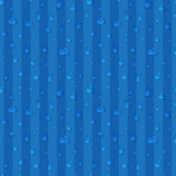 Water drops on blue striped background. Transparent drop seamless pattern. Realistic design for wrap