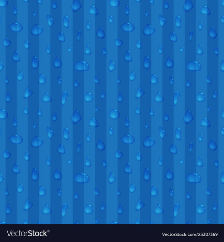 Water drops on blue striped background. Transparent drop seamless pattern. Realistic design for wrap