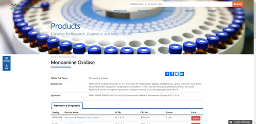 https://www.creative-enzymes.com/similar/monoamine-oxidase_436.html
Monoamine oxidase (MAO) (EC 1.4.3.4) are a class of flavoenzymes capable of catalyzing a variety of amines, such as the neurotransmitters dopamine, norepinephrine, serotonin (5-HT)