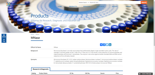 https://www.creative-enzymes.com/similar/mnase_453.html
Micrococcal Nuclease is an endo-exonuclease that preferentially digests single-stranded nucleic acids