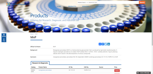 https://www.creative-enzymes.com/similar/mnp_454.html
Manganese peroxidase (MnP) is a hemecontaining glycoprotein that is produced by ligninolytic basidiomycetes. It requires hydrogen peroxide as an oxidant. MnP oxidizes Mn2+ to Mn3+