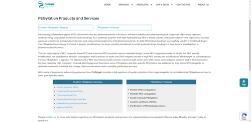 https://www.profacgen.com/pegylation-services.htm
Introducing polyethylene glycol (PEG) to biomolecules and pharmaceuticals is known to enhance stability and pharmacological properties of proteins, peptides, antibody-drug conjugates and small-molecule drugs