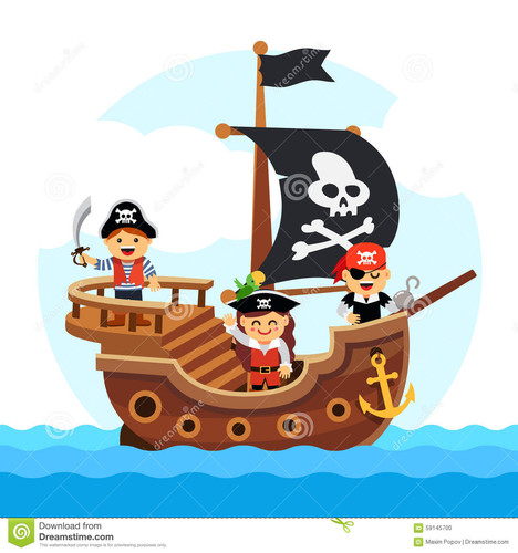 cartoon kids pirate ship sailing sea black flag sail decorated scull cross bones flat style vector 5