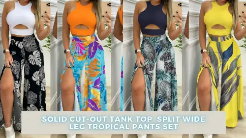 Solid Cut out Tank Top & Split Wide Leg Tropical Pants Set.webp