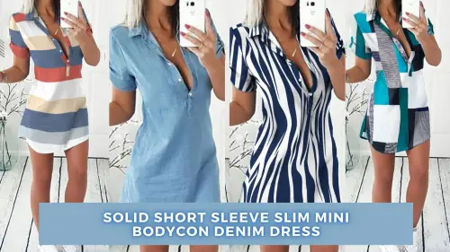 Solid Short Sleeve Slim Mini Bodycon Denim Dress.webp