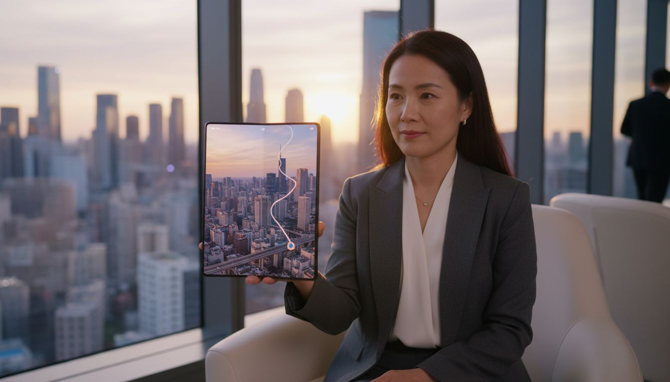 A user experiencing the seamless, creaseless display of a modern Samsung foldable device in a professional setting.