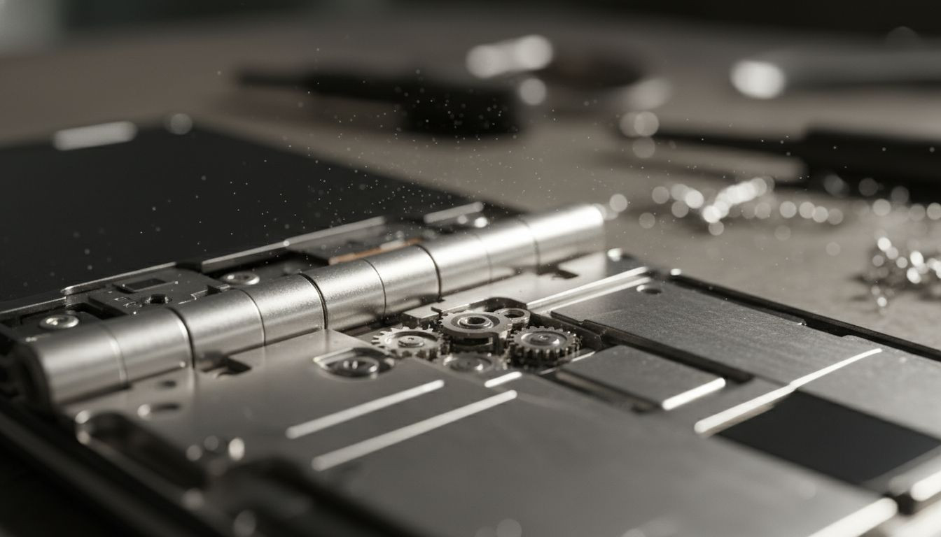 Internal engineering of a next-generation waterdrop hinge for a creaseless foldable smartphone display.