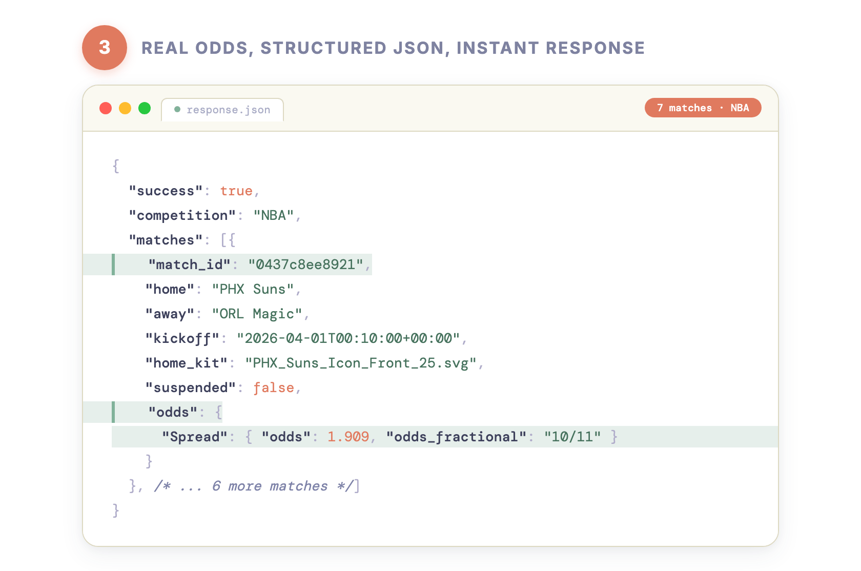 Step 3 — Real odds, structured JSON, instant response