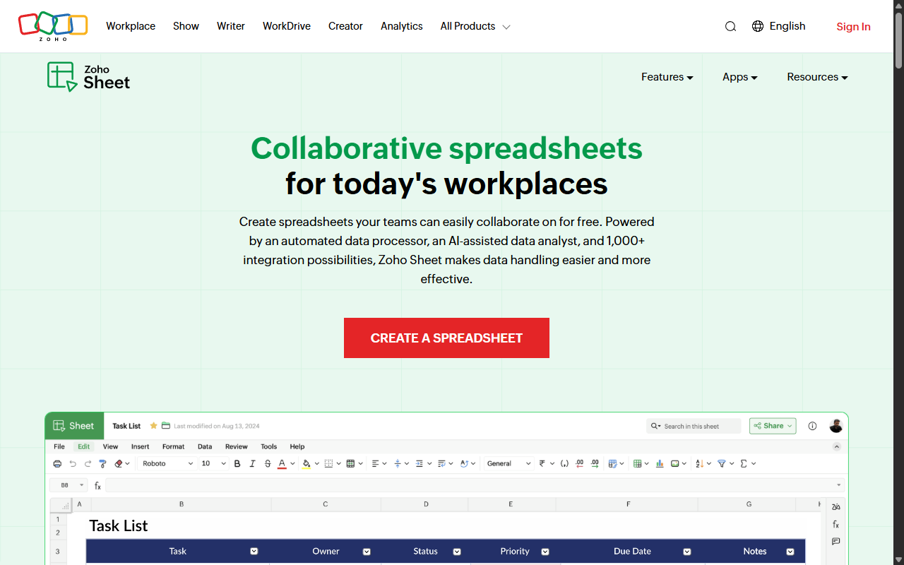 Zoho Sheet 온라인 스프레드시트 랜딩 페이지