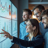 Smiling business team analyzes data on large screens in modern office. Professionals collaborate, di