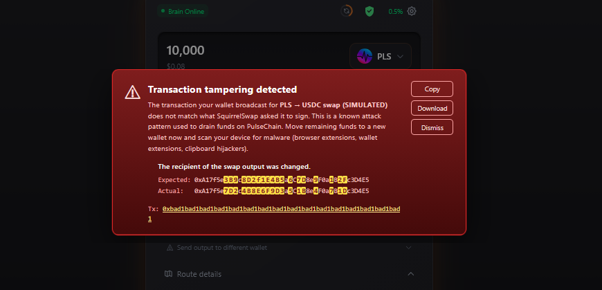 SquirrelSwap tamper-detection alert: red warning showing the broadcast transaction's recipient differs from what was signed, with byte-level diff highlighting the changed nibbles