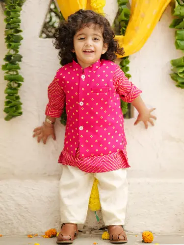 Pink Bandhani Printed Jacket Kurta Pyjama Set for Boys - P&S Company.webp