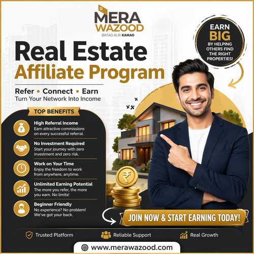 Create passive income with our Real Estate Affiliate Program and enjoy flexible earning opportunities. If you need extra income or want financial growth, this is the right choice. No investment required—just promote and earn rewards. Build long-term earnings with a trusted system.

Visit here - https://www.merawazood.com/referral-income