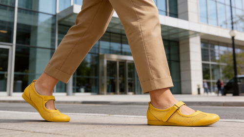 jimeng 2026 04 23 9421 这双黄色玛丽珍平底鞋的上脚图，模特穿着卡其色休闲西装裤，走在写字楼通勤路上，简约....png
