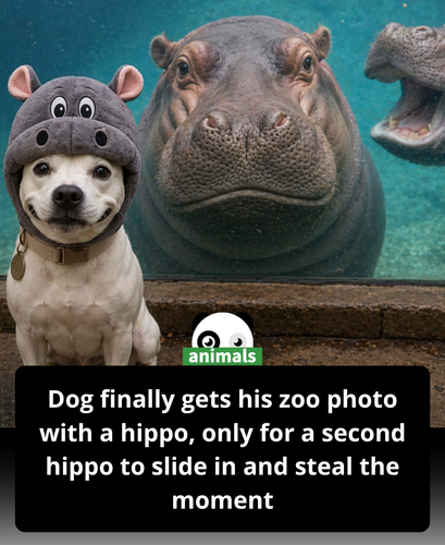 500. A dog finally got his long awaited moment, proudly posing next to his favorite hippo during a d.png