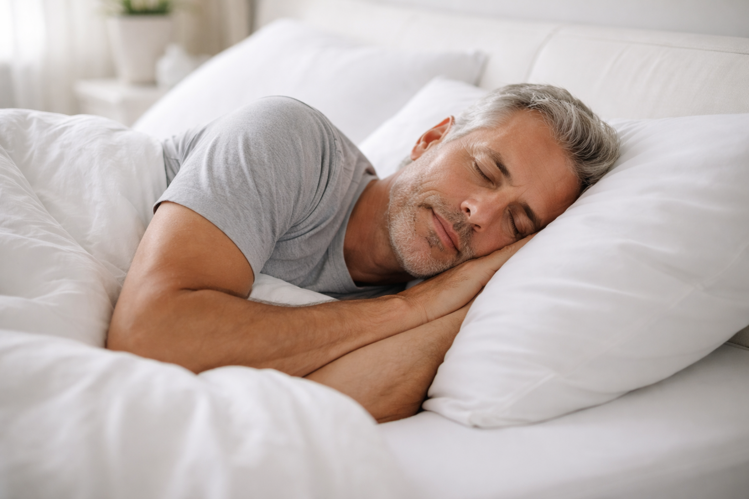 Homem de 55 anos dormindo bem