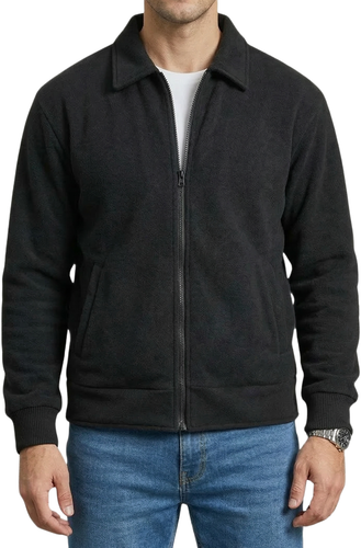 Mens Shirt Collar Solid Color Back Rib Bomber Jacket Black.png