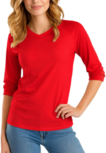 Womens Solid Color V Neck Raglan Red.png