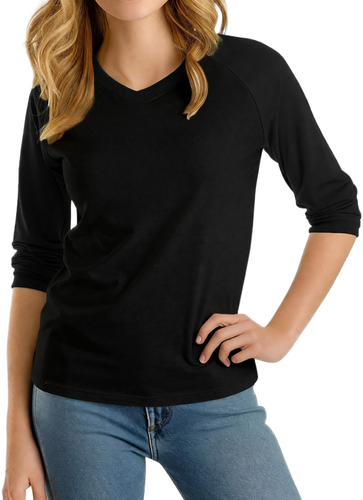 Womens Solid Color V Neck Raglan Black.png