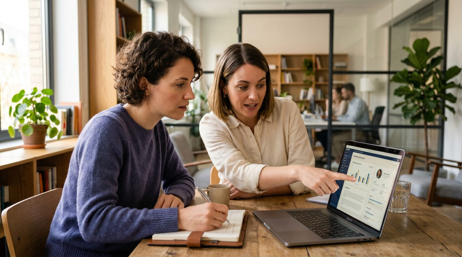 Two recruiters reviewing candidates together on a laptop