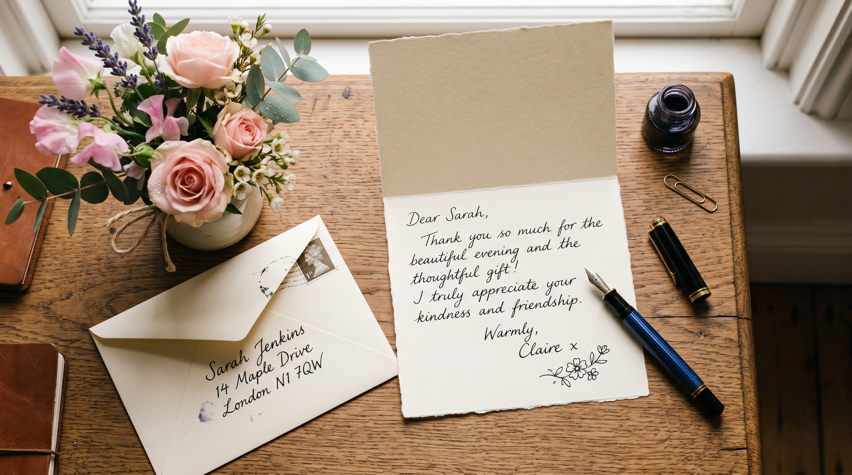 A handwritten thank you note on cream paper with fountain pen and small bouquet of flowers