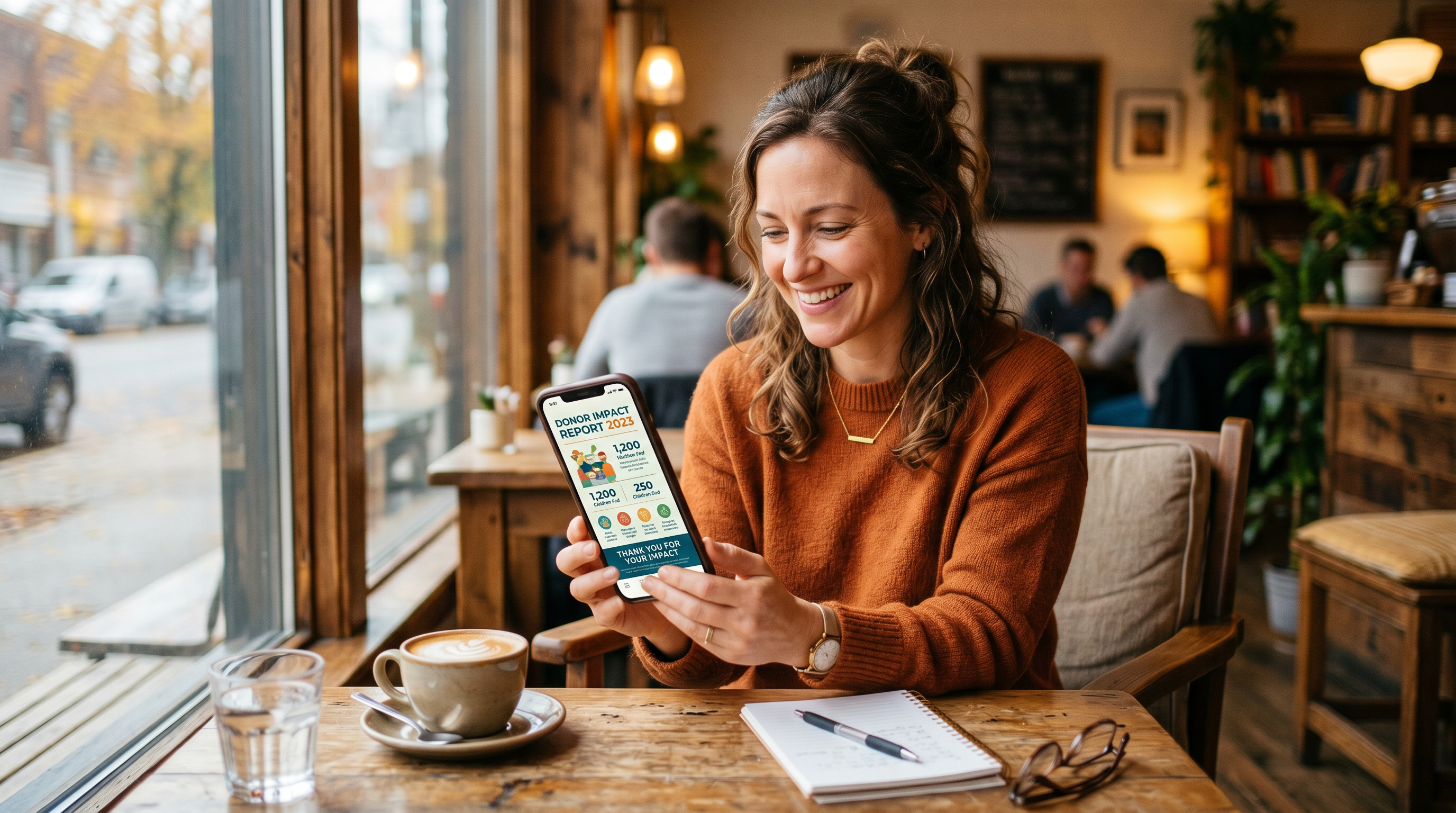 A donor smiling while reading a nonprofit impact report on her phone in a cafe