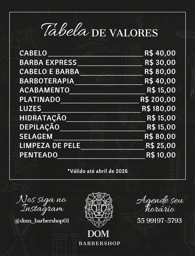 Tabela de Valores DOM BARBERSHOP